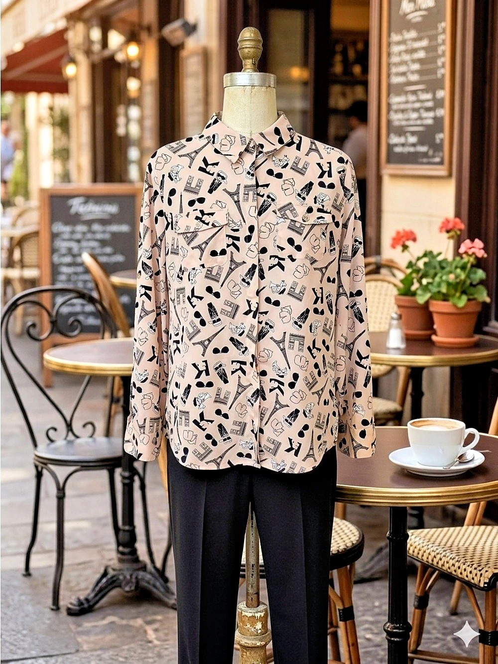 Karl Lagerfeld Paris Paris Eiffel Tower Print Button-Down Blouse Pink & Black L